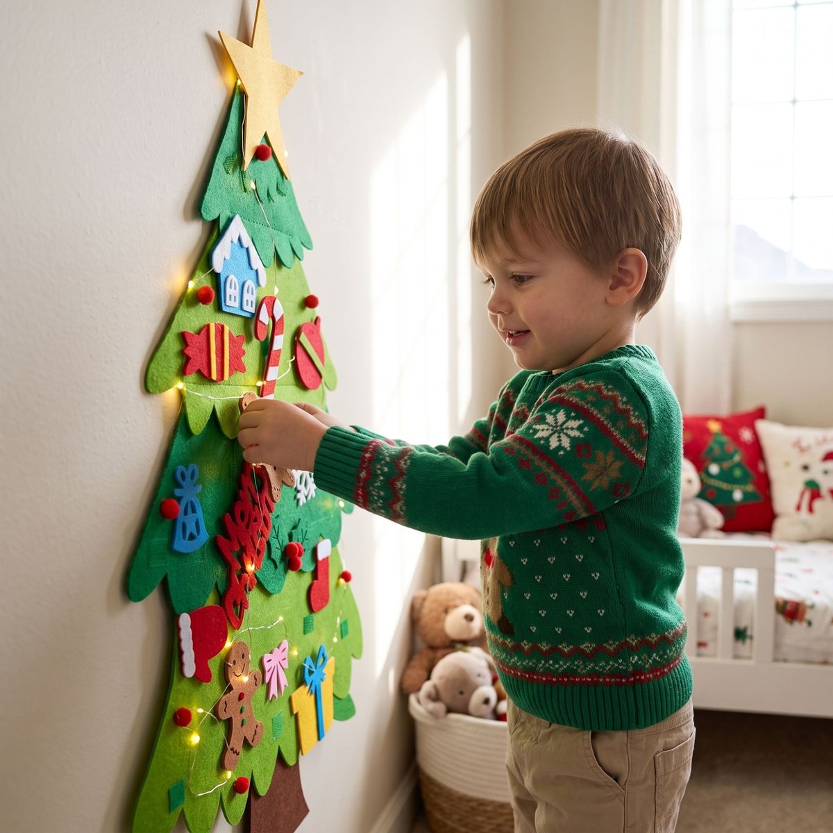 Niño con jersey navideño decorando el árbol de fieltro