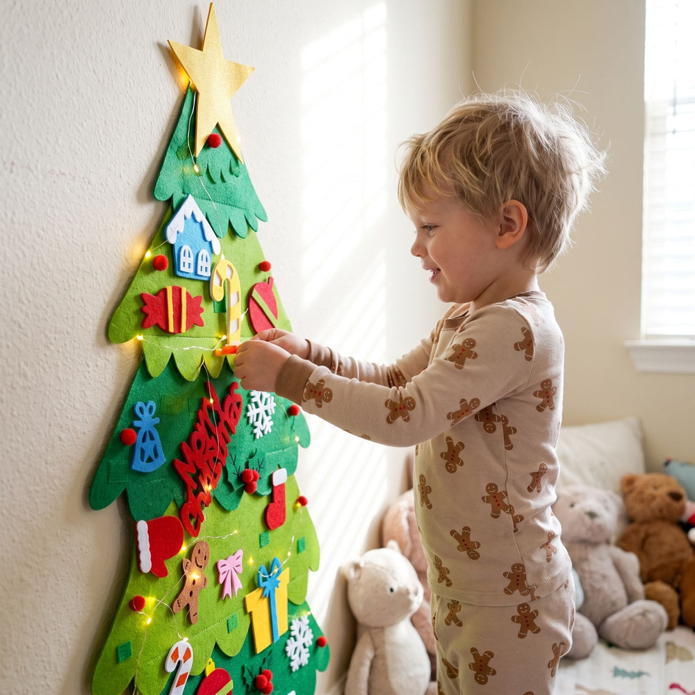 Niño en pijama decorando el árbol de Navidad de fieltro