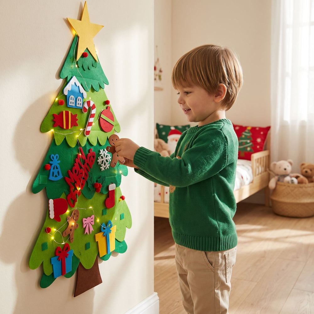 Niño colocando un adorno de jengibre en el árbol de fieltro con luces