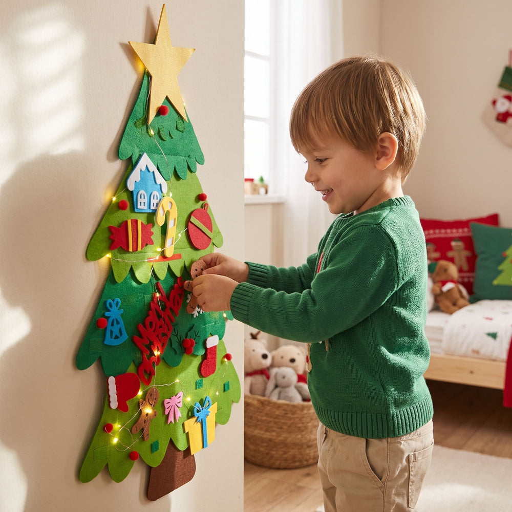 Niño colocando un adorno de jengibre en el árbol de Navidad de fieltro