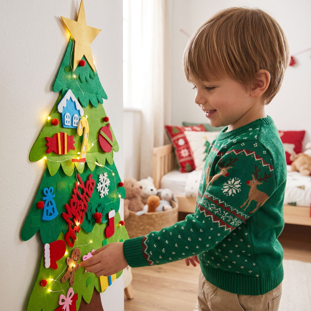 Niño con jersey navideño decorando el árbol de fieltro iluminado
