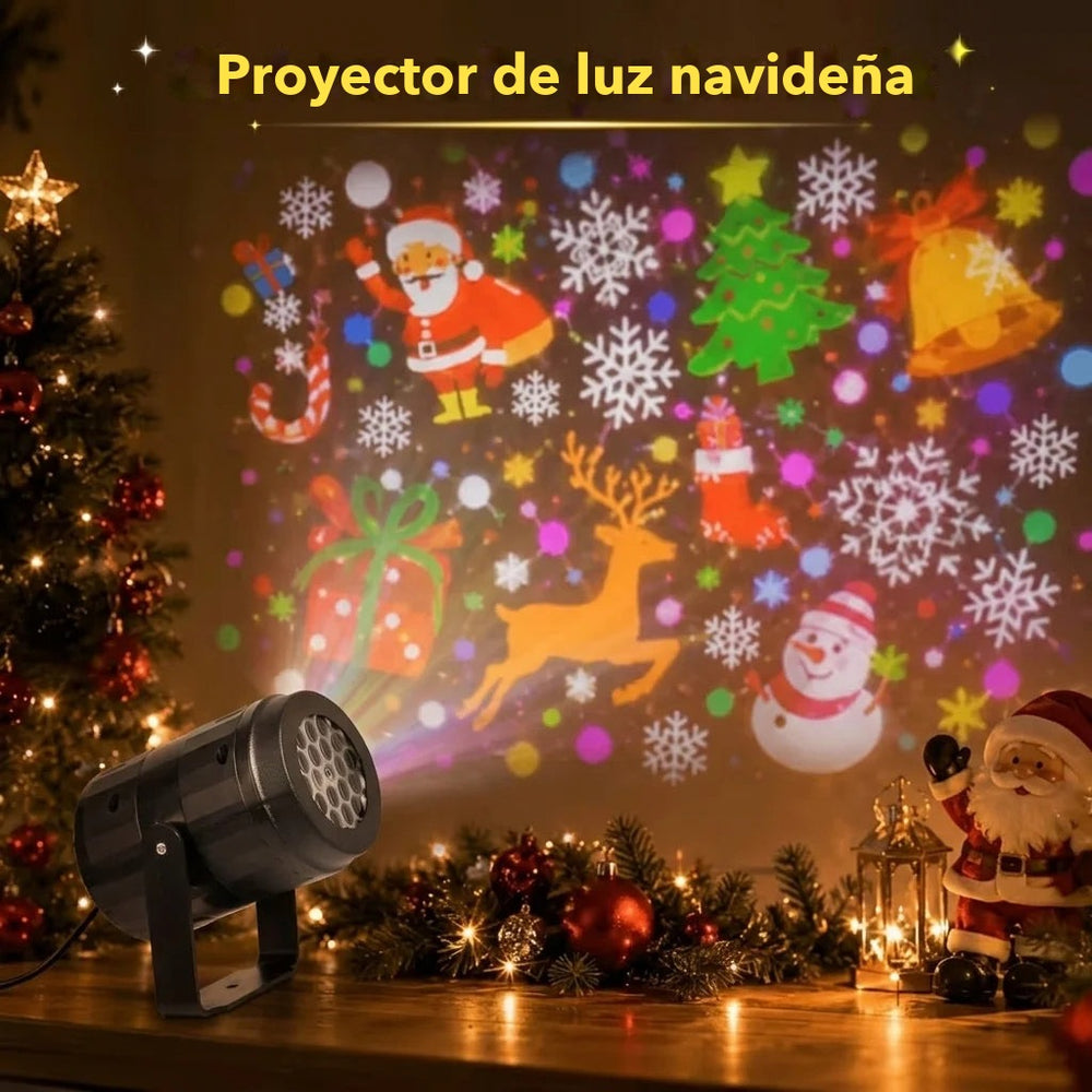 Proyector navideño LED proyectando a Papá Noel, renos, muñecos de nieve y copos de colores sobre la pared