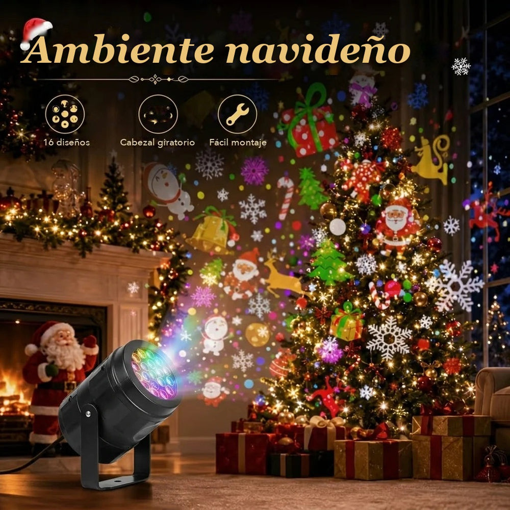 Proyector navideño LED con 16 diseños, cabezal giratorio y fácil montaje junto al árbol de Navidad