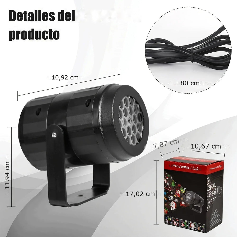 Medidas del proyector navideño LED: 10,92 × 11,94 cm, cable de 80 cm y caja de 10,67 × 7,87 × 17,02 cm