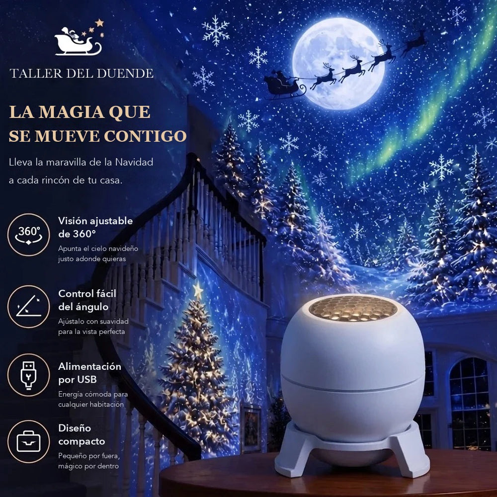 Proyector de cielo navideño del Taller del Duende con trineo, luna y aurora boreal sobre una escalera