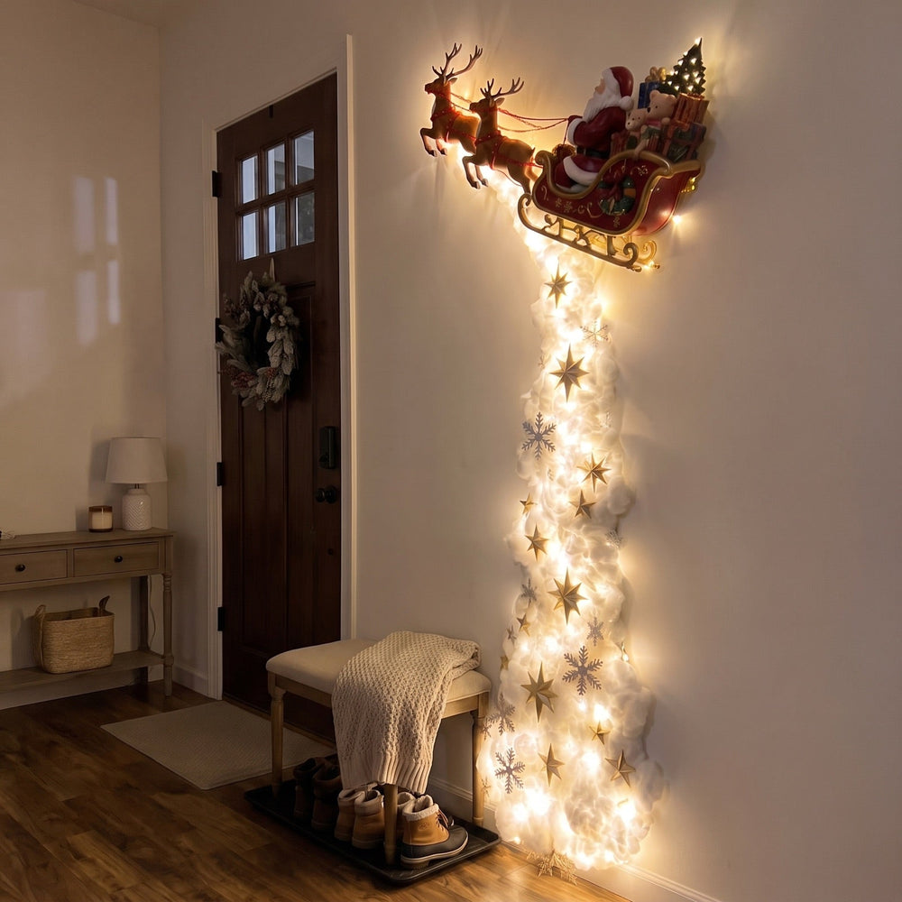 Luz de pared trineo de Papá Noel en la entrada de casa