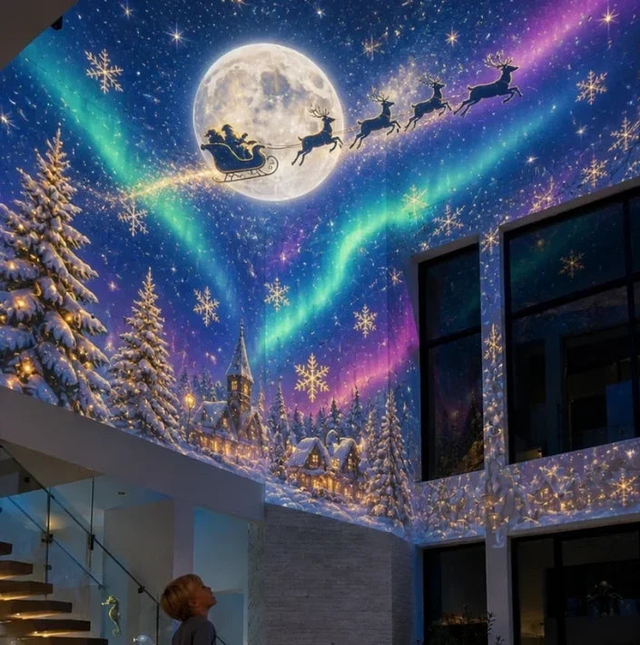Cielo navideño proyectado en la pared y el techo del salón: trineo de Papá Noel, luna llena y aurora boreal