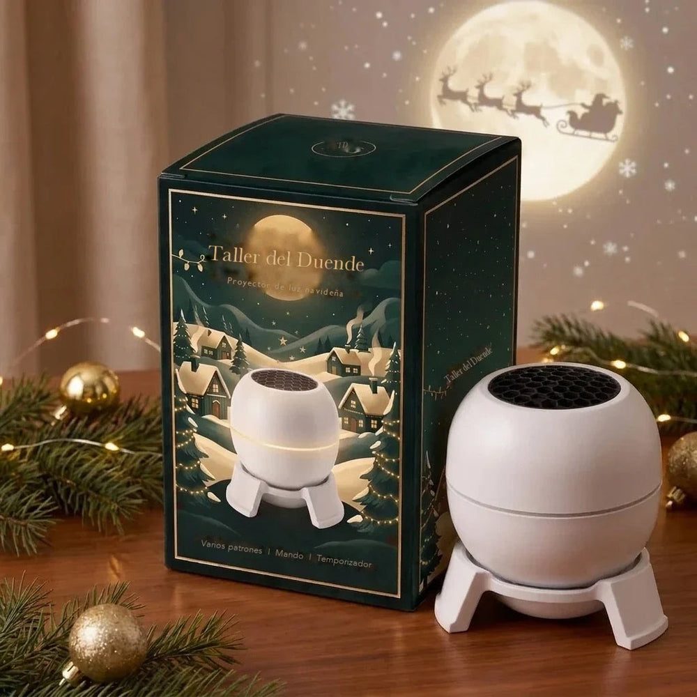 Proyector Taller del Duende junto a su caja de regalo con la luna y el trineo de Papá Noel