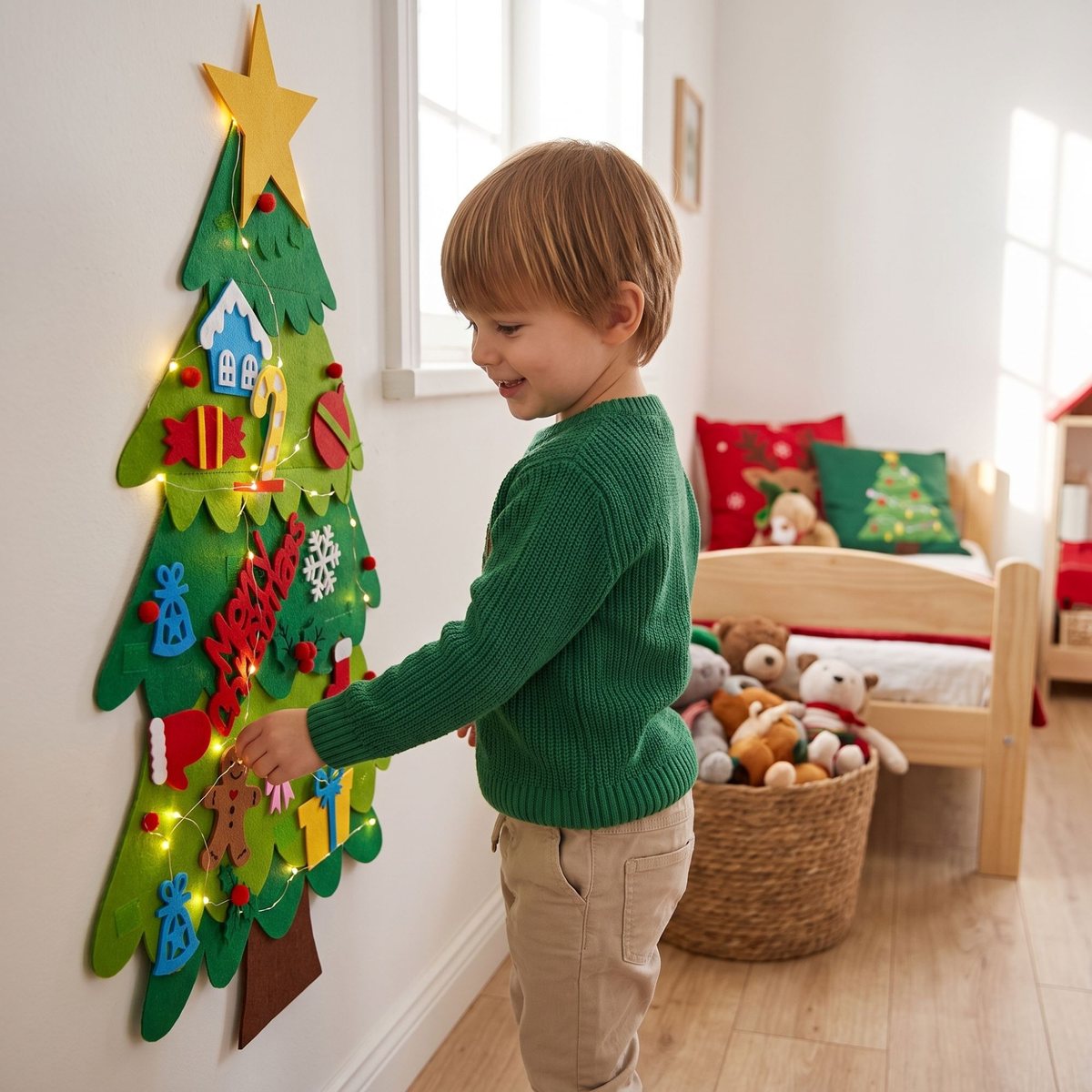 Niño junto al árbol de Navidad de fieltro iluminado