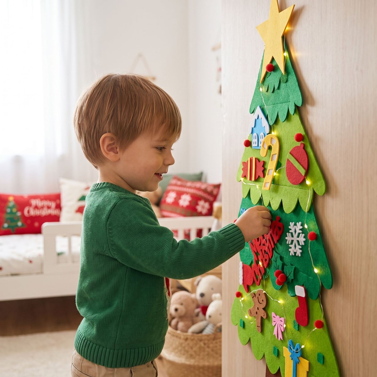 Niño colocando un adorno en el árbol de fieltro con luces