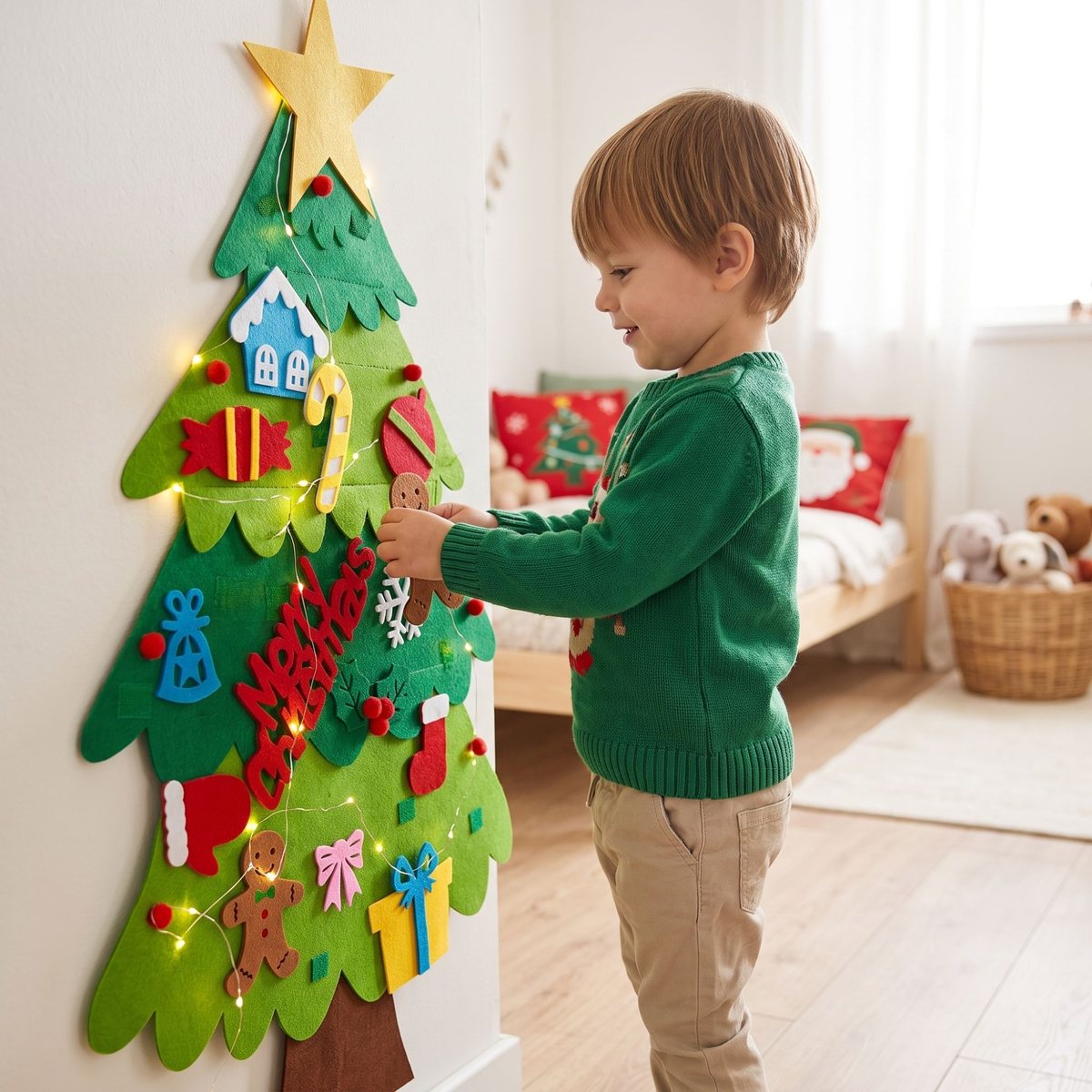 Niño decorando el árbol de Navidad de fieltro con luces