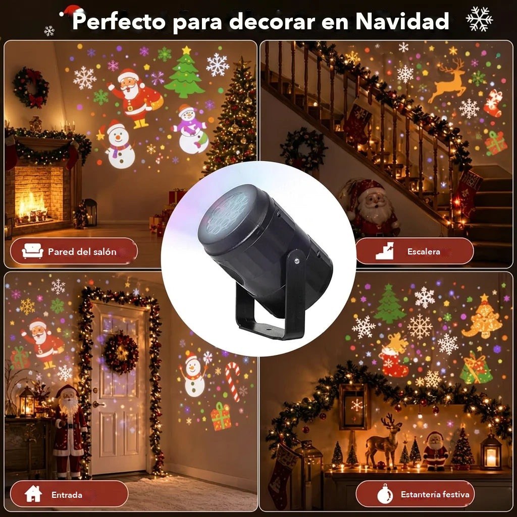 Proyector navideño LED en la pared del salón, la escalera, la entrada y la estantería